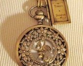 Time's a Dragon Pocket Watch & Locket Necklace Set, hand painted, hand linked, baby dragon, fantasy sparkly, book locket