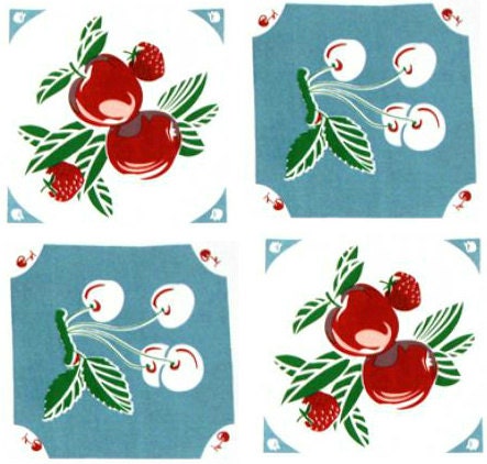 Valance Vintage look NEW Curtain Cotton 52 x 13  Retro KITCHEN Apples and Cherries 1940s Tablecloth Look Print Blue, Red or Yellow