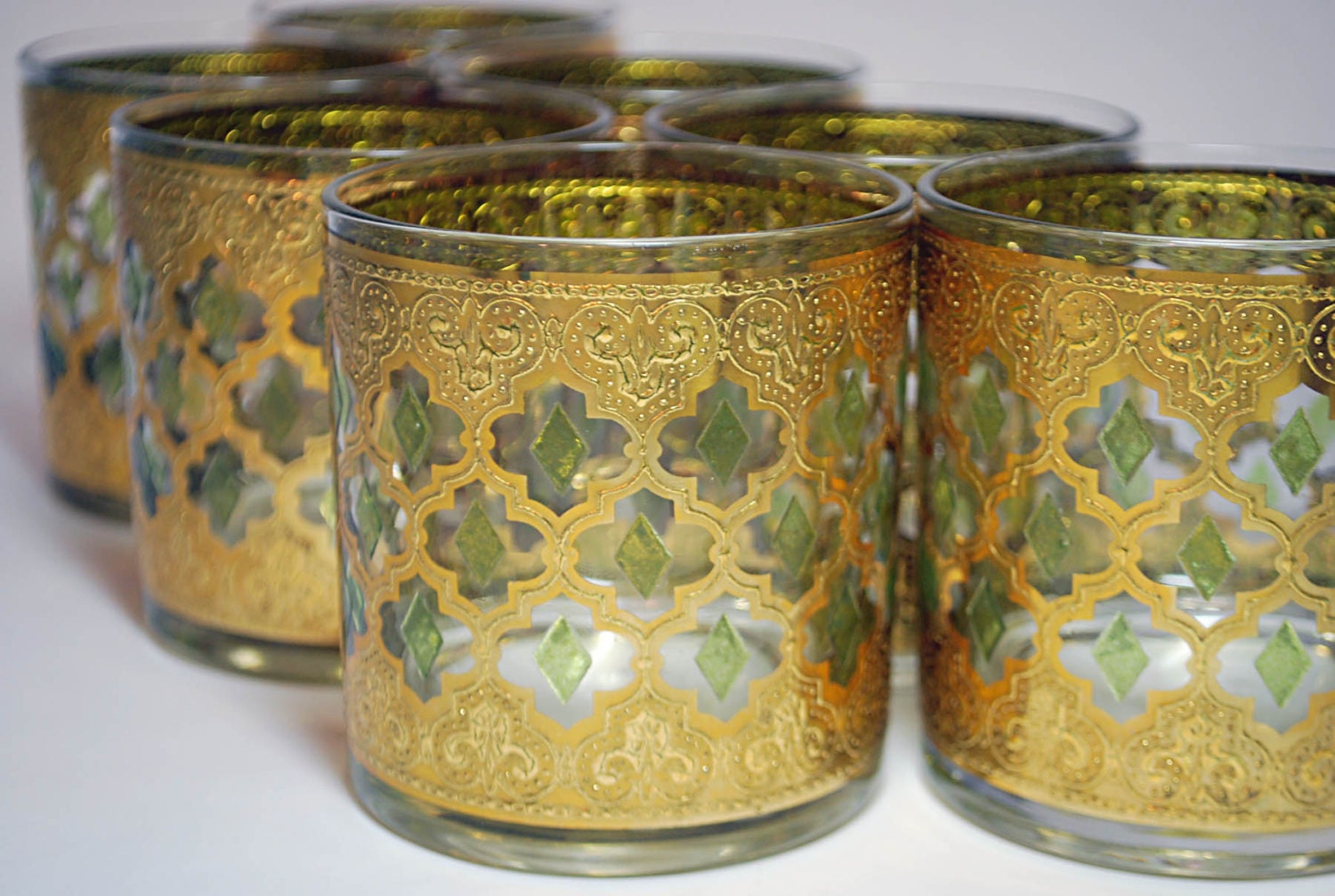 SALE - Set of 7 Vintage 1960s CULVER Valencia 7 oz Old Fashioned Tumblers - 22K Gold Encrusted Eames Era Barware