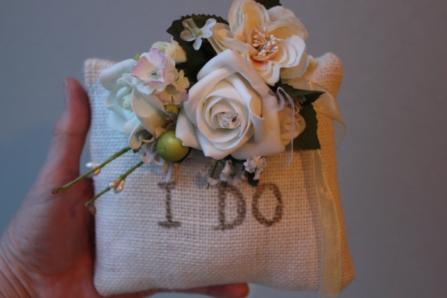 French Country Rustic Burlap Ring cushion / Pillow, Woodland - Country - Whimsical - Garden Wedding