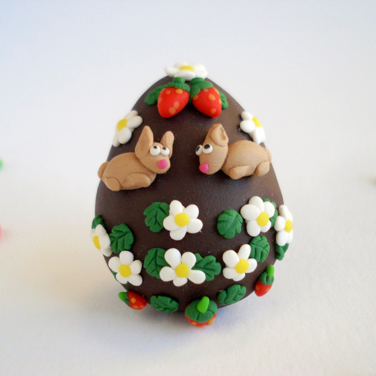 Easter Egg Brooch Bunnies and Strawberry Fields, Fun chocolate jewelry - Thelittlecreatures Easter Egg Brooch Bunnies and Strawberry Fields, Fun chocolate jewelry - Thelittlecreatures