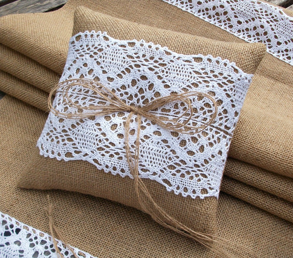Burlap Ring Bearer Pillow with White Cotton Lace, Rustic Wedding Hessian ring cushion