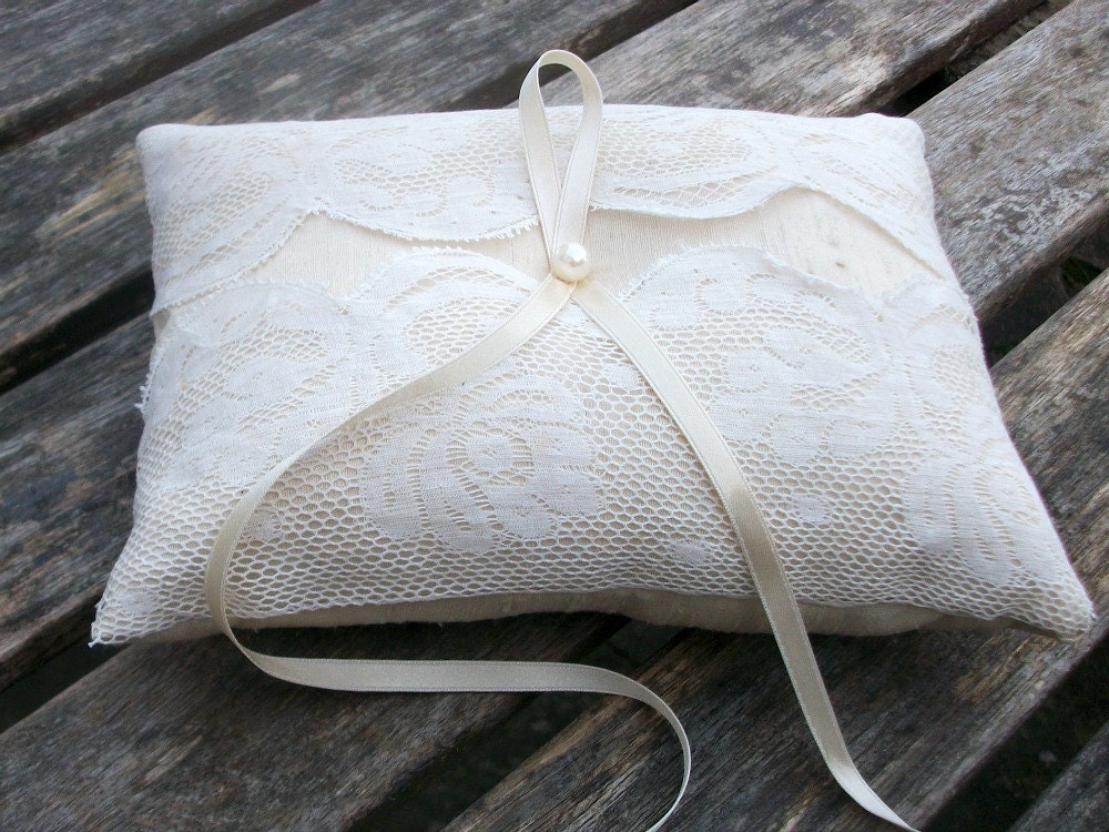Champagne Bearer Pillow  Wedding Ring Cushion, Ring Pillow in  Raw Silk With Antique Ivory Lace