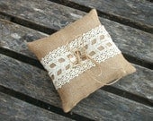Burlap/Hessian Ring Bearer Pillow Rustic Wedding Cushion with Cream Cotton Lace  6 X 6 inches