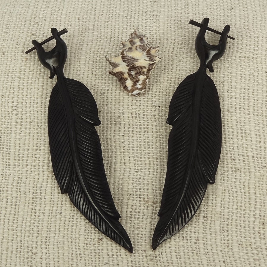 1-Pair - Organic Horn Earrings - Exotic Hand Carved - Long 2-Sided Raven Feathers - ( By Fake Gauge Organics)