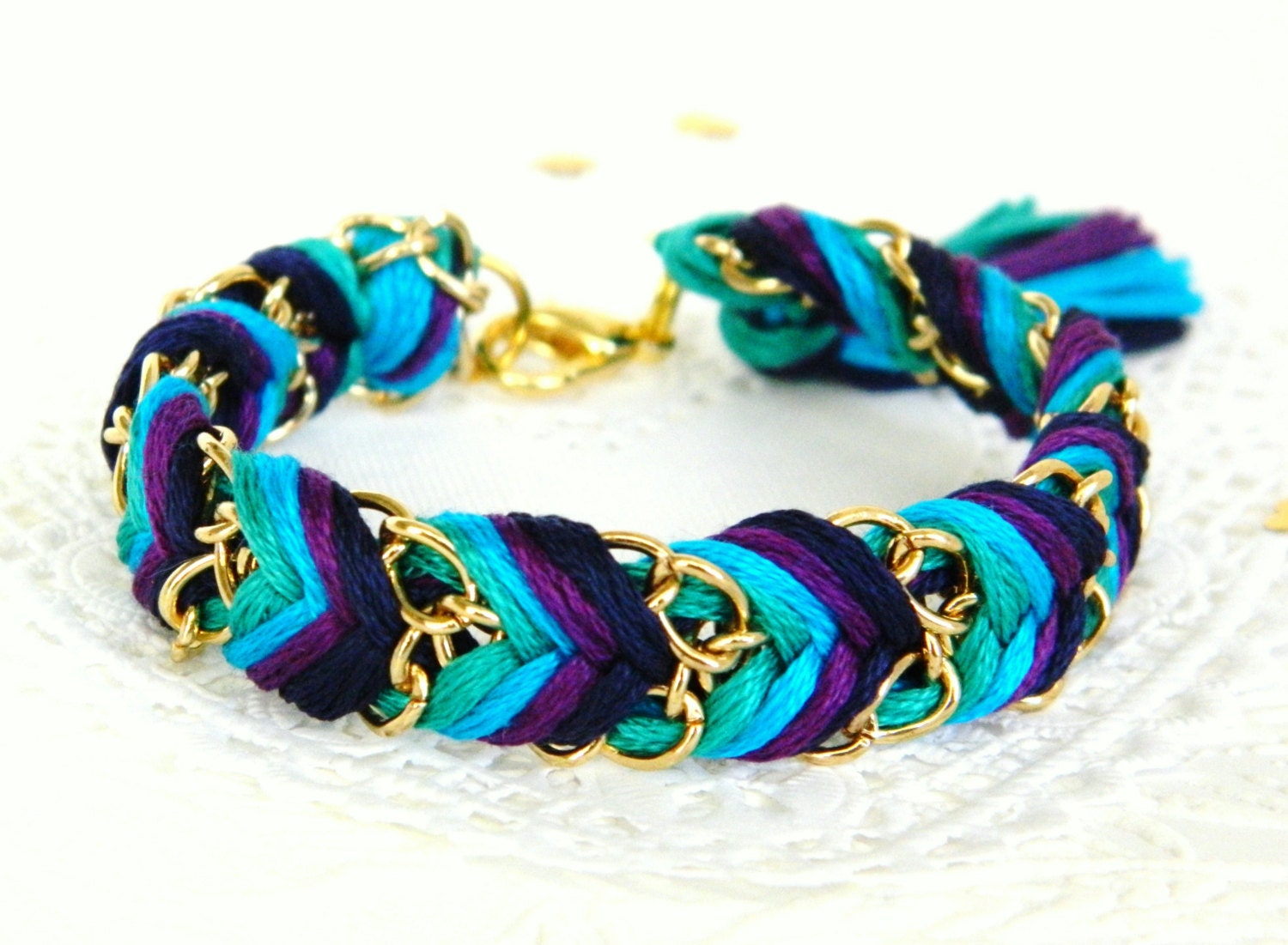 Violet Peacock -  Jade, Turquoise, Plum, & Navy Blue - Chevron Braided Modern Friendship Bracelet - Gold Chain