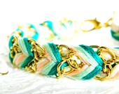 Queen of the Peach Tree - Neutral, Peachy Keen, Mint, & Jade  - Chevron Braided Modern Friendship Bracelet - Gold Chain