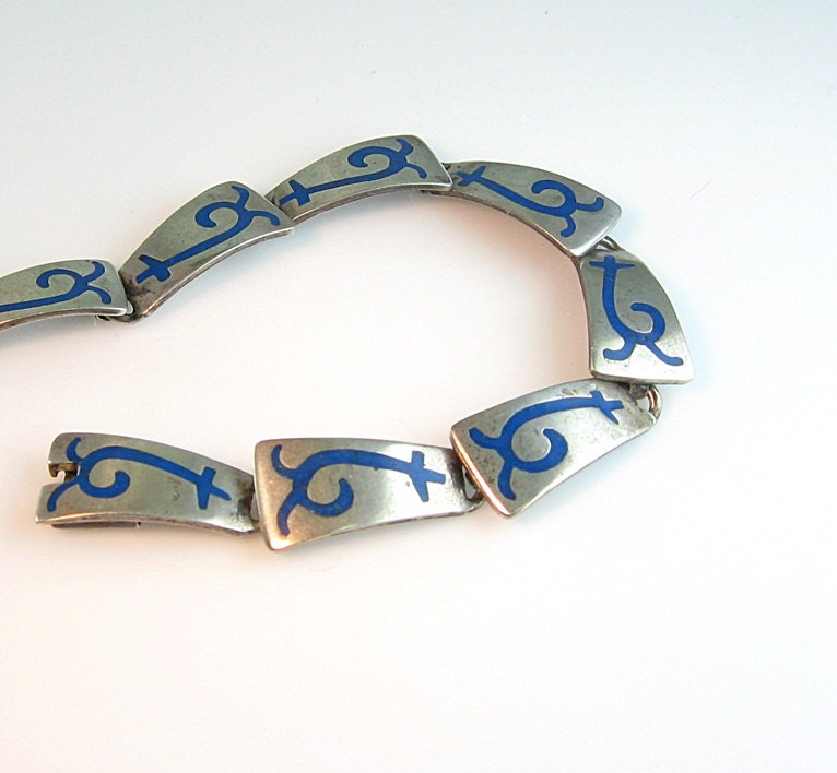 Taxco Sterling Silver Bracelet Blue Enamel Ancient Aztec Mayan Earth Symbol 1950s Jewelry