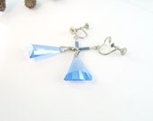 Czech Art Deco Earrings Sterling Angled Blue Glass Dangle Screw Backs 1920s Jewelry