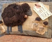 Primitive Pillow - Burlap, Muslin, Homespun Fabrics - Black Sheep, Wool - Shelf Sitter or Tuck