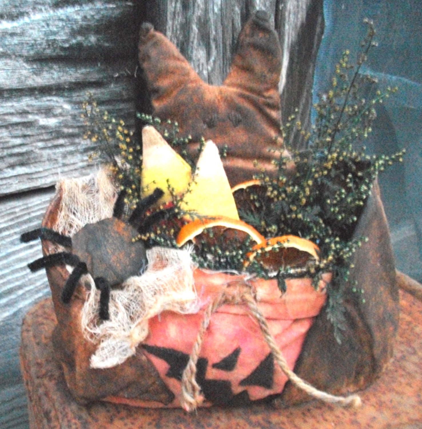 Primitive Bat Doll -  Jack-O-Lantern Bag, Spider, Candy Corn, Dried Orange, Sweet Annie - Halloween Decoration