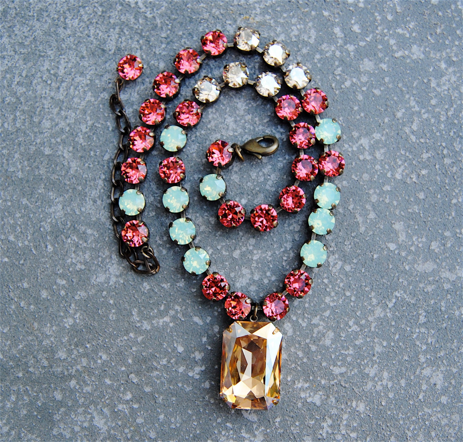 Swarovski Crystal Rhinestone Statement Necklace Watermelon Green Opal Champagne Diamond Pendant Necklace Super Sparkler Necklace Mashugana