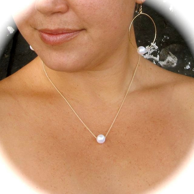 White Pearl Necklace, Floating, Pearl Jewelry, Elegant, Short Necklace, Mothers Day, Gift for Her