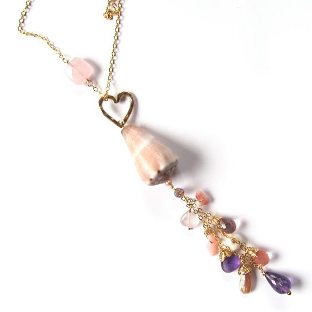 Long Shell Necklace, Gold, Gemstone Jewelry, Hawaii Beach Jewelry, Summer Fashion, Blush