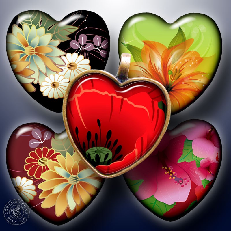 Decorative Flowers - Digital Collage Sheets CG-520H - Heart Shapes for Scrapbooking, Resin and Glass Pendants - Instant Download