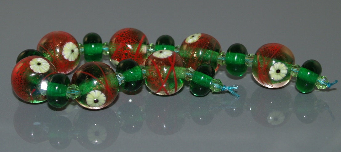 Handmade Lampwork Glass Bead Set - Red, Green & Gold Sparkle Christmas Beads  -  SRA FHFteam Y3 GBUK UK Seller Cpteam