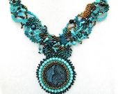 Beadwork necklace, Turquoise, teal Beaded Art Necklace, Freeform peyote necklace, Statement jewelry, Seed bead jewelry