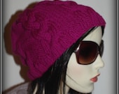 Handmade Beanie Hat Deep Pink Fuschia Cable Knit