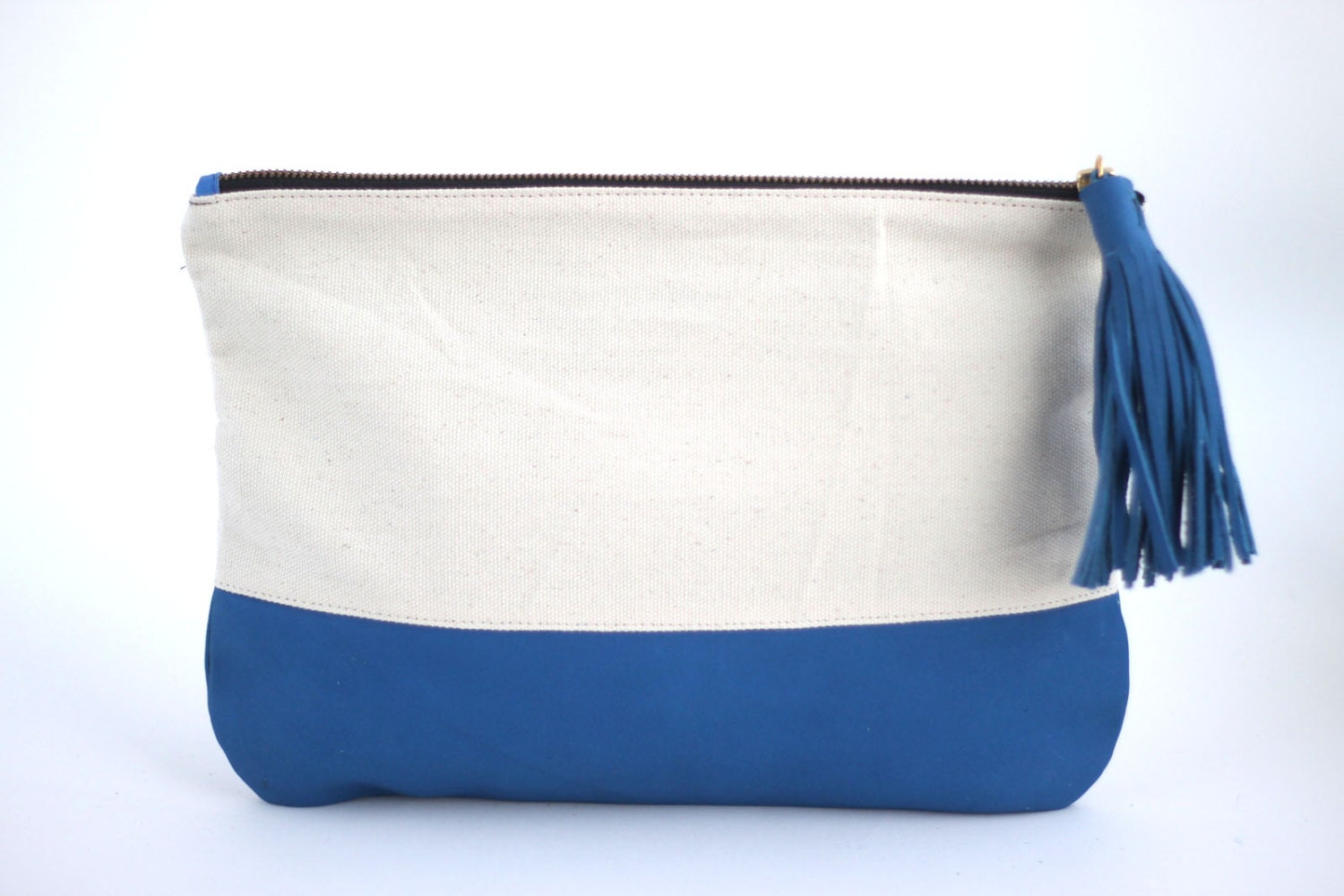 Canvas Leather Tassel Carry-all Pouch in Deep Blue- SALE
