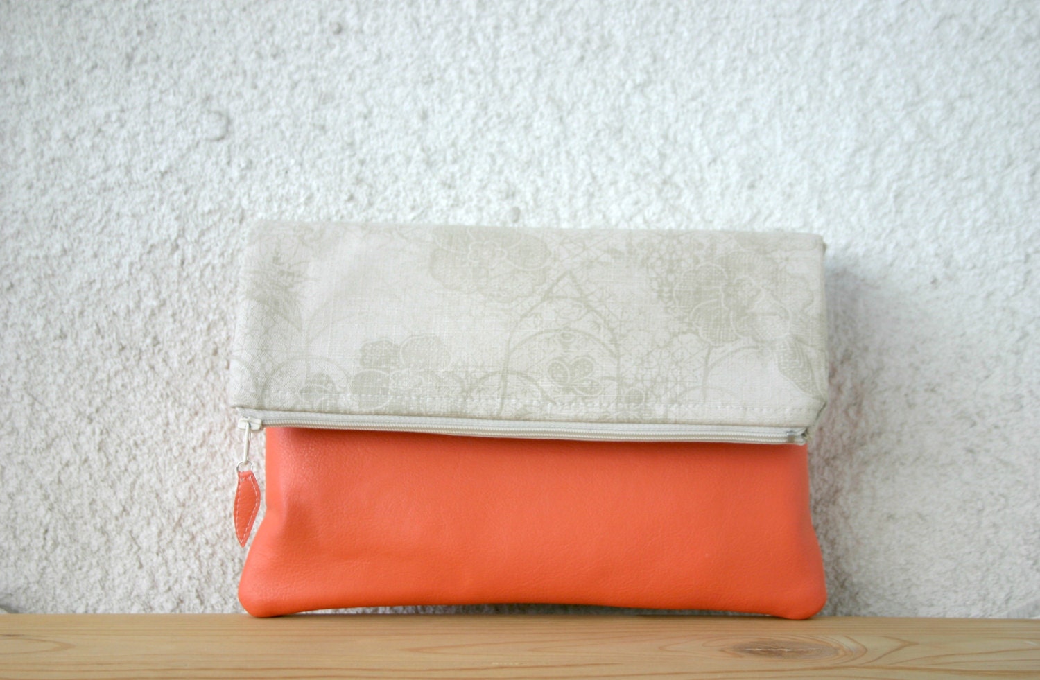 Vegan Leather and Canvas Foldover Spring Summer Clutch Purse Coral and Beige Yellow