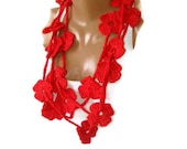 women red lariat scarf ,Crochet Lariat Scarf ,gift ideas, fashion accessories ,for woman , floral scarf, jewelry, crochet necklace