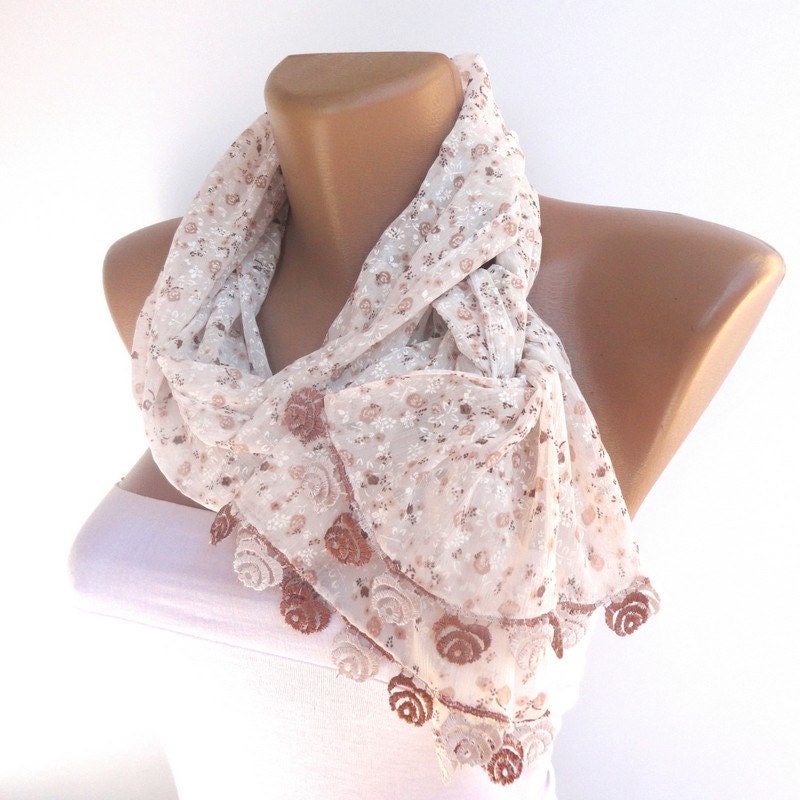 chiffon scarf, women scarves, brown, floral, for woman ,fashion accessory ,handmade gift scarf, 2013 trends, for her