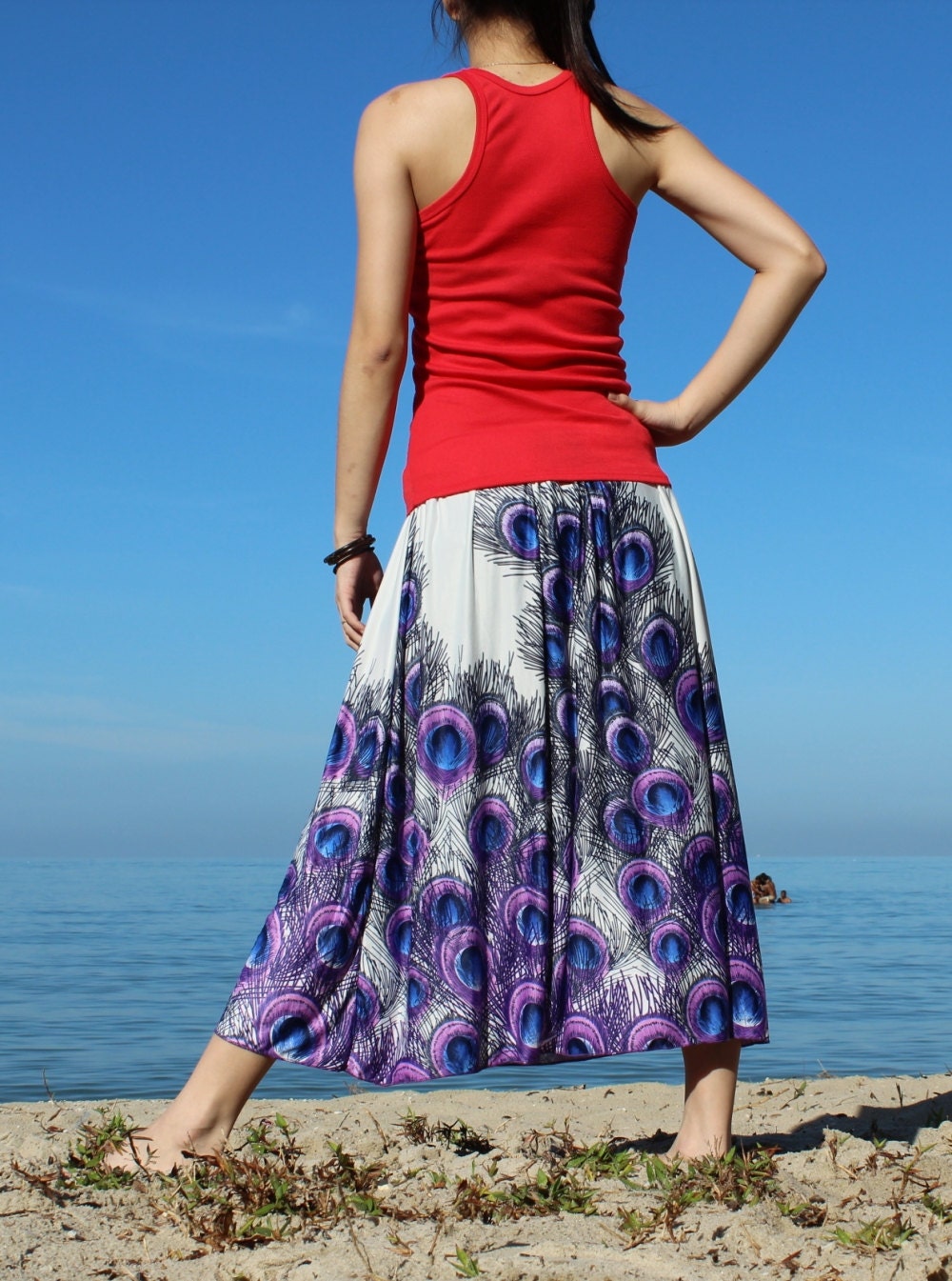 Ladies Skirt Women Midi Knee Length Skirt A Line Peacock Lady Blue White Skirt Gifts Summer Skirt
