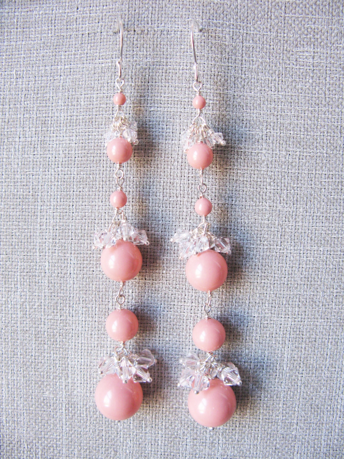 Swarovski crystal & coral pearl ball earrings- shoulder dusters - trinkjewelry