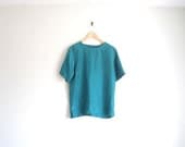 vintage 90s blouse / teal green silk blouse / boxy blouse with slits / back keyhole / soft silk