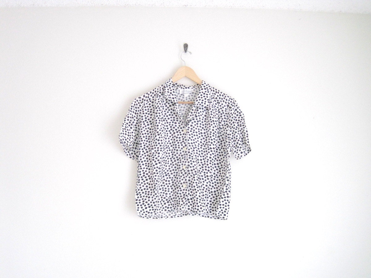 vintage 90s shirt / black & white geometric print shirt / button down top with polka dots and squares / rayon top