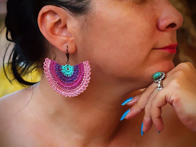 Crochet Bohemian Chic Dangle Earrings in Purple, Mint, Powder Pink Hippie Boho Gypsy Style Jewelry Strip Semicircle Geometric