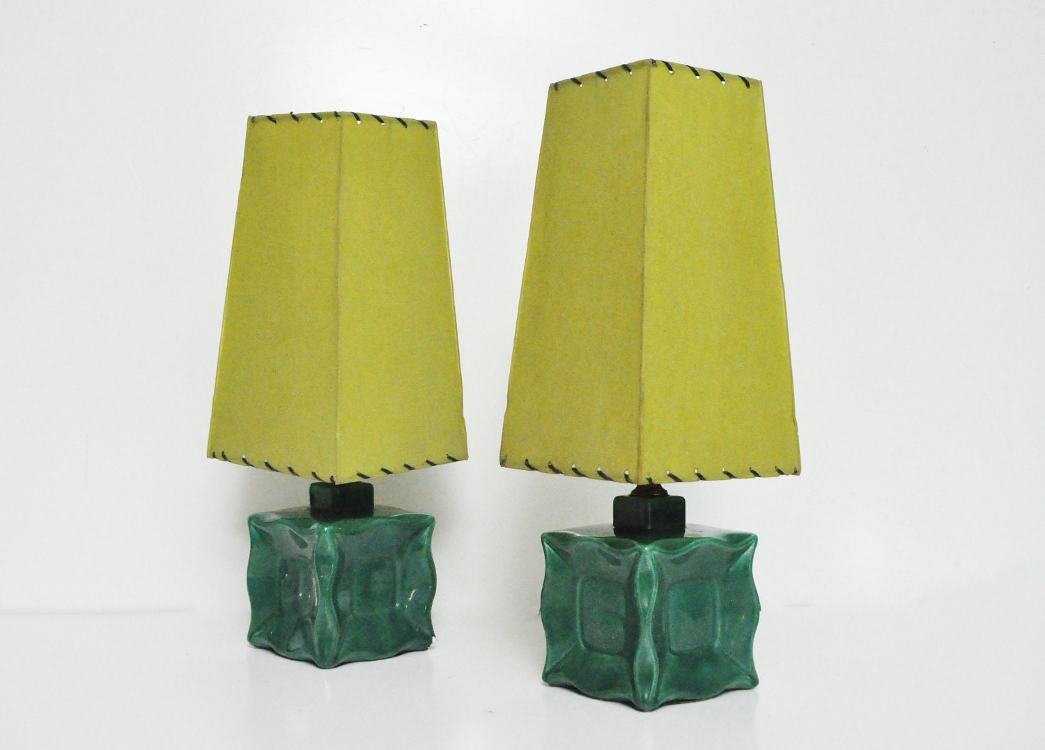 Pair of Mid-Century Forest Green Lamps with Original Shades