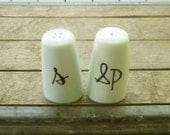 salt & pepper shakers - light blue ceramic - hand drawn pair