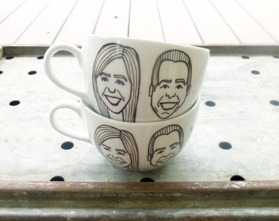 custom couple caricature mugs with initials - hand drawn portraits on tea cup pair - set of two (2)