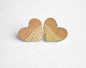 Camel leather heart earrings with tribal golden dots