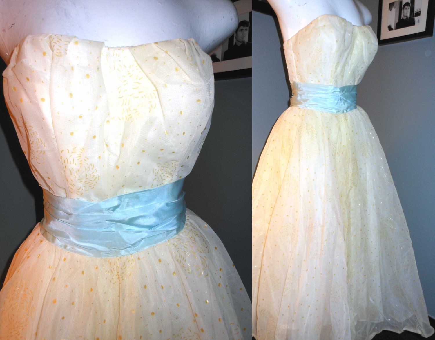 Vintage 50s Strapless Dress Sweetheart Party Gold Polka Dot Wedding Formal Prom Dress Hollywood Glamour