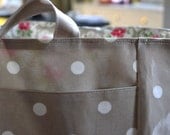 Tote Bag in Laminated Cotton Cath Kidston Fabric in Taupe with White Polka Dot and Floral Interior