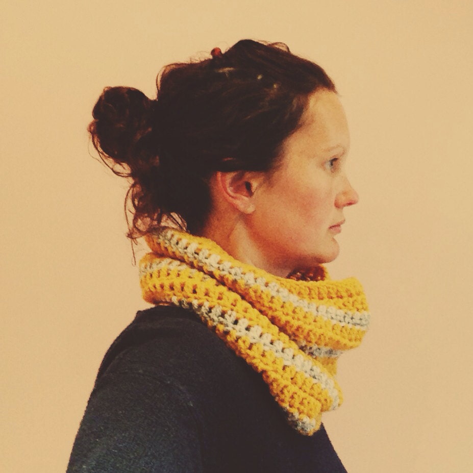 Mustard and grey striped chunky knit crochet cowl, snood.