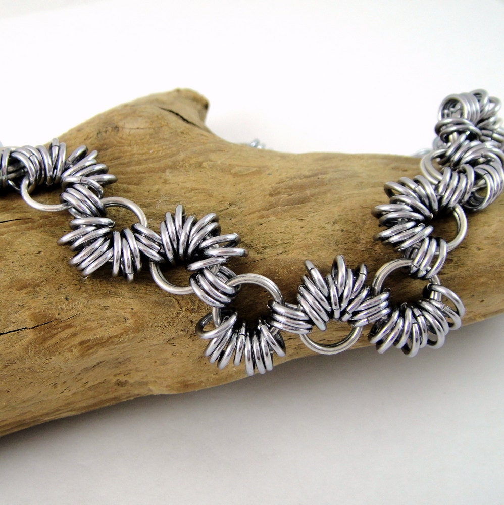 Chainmail Necklace Black Ice and Bright Aluminum Coiled Weave