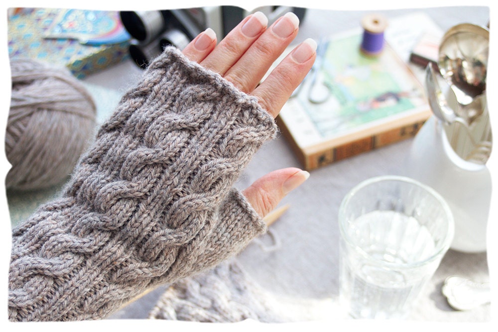 movie tutorial kit, learn to knit cabled fingerless gloves. long, elegant heather grey handwarmer. perfect for spring, old school.