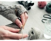 cabled fingerless glove kit. learn to knit video tutorial in short & sweet, heather grey or other shades. old school.