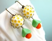 Retro Earrings, Yellow Polka Dot Earrings, Orange Flower Earrings, Retro Vintage Spring Earrings by ChromeAndCotton