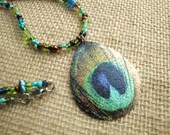 Peacock Feather blue green brown mint pendant czech glass necklace