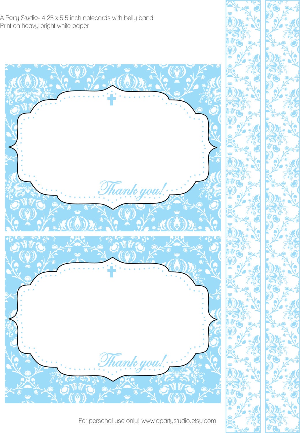 Blue Damask Baptism- personalized note cards with belly band- print your own Il_170x135
