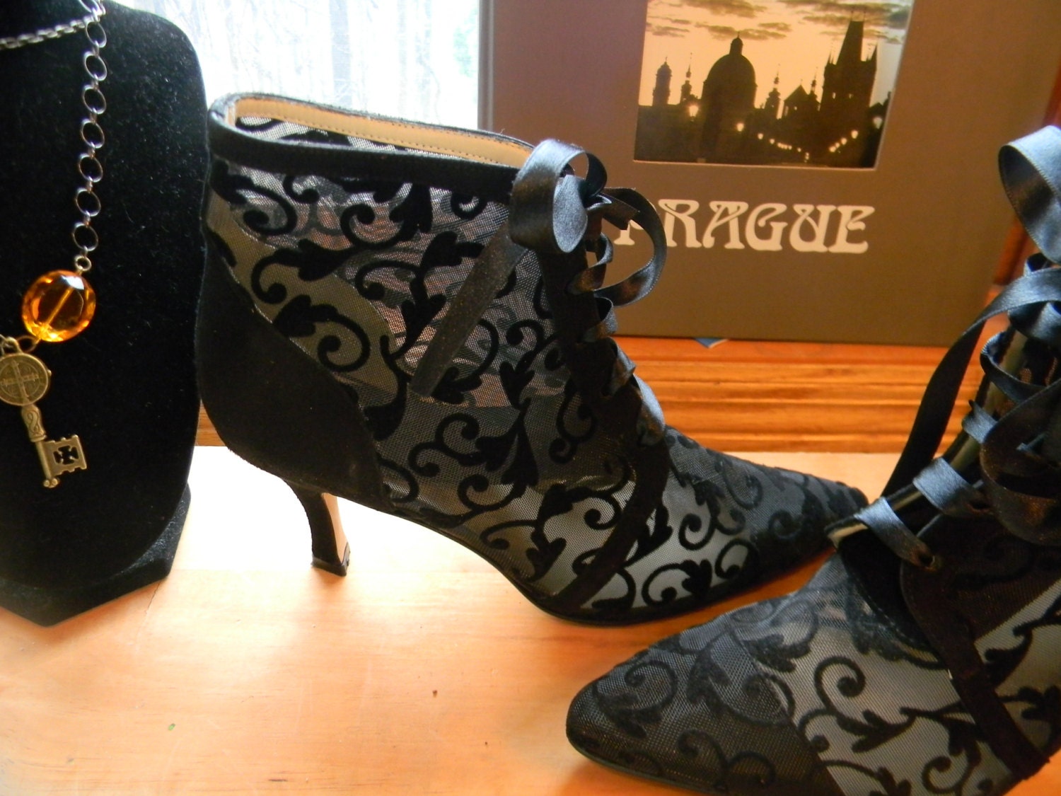 Vintage 1980s Madonna Haute Couture Lace see thru stiletto bootie shoes.Baroque Victorian Marie Anoinette Made In SPAIN