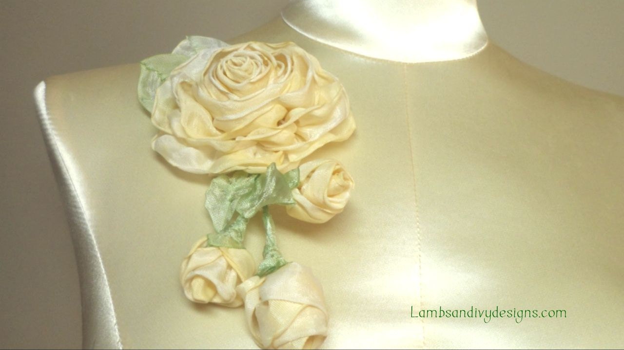 Ribbonwork Brooch Pin Yellow Roses Ribbon Work Victorian