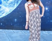 1990s Rust Color Roses Maxi Dress Fitted Negative print // Size Medium to Large