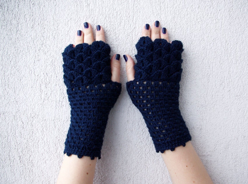 Fingerless gloves dragon egg pattern mittens Khaleesi arm warmers, spring accessory - blue navy.