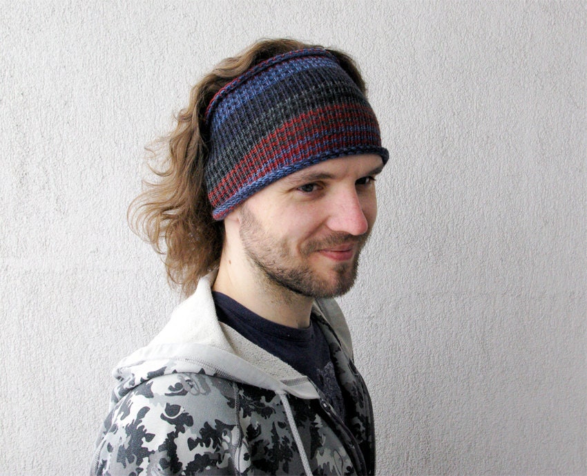Knitted Mens Headband Guys knit hair wrap - blue burgundy grey Unisex Adults Dread band