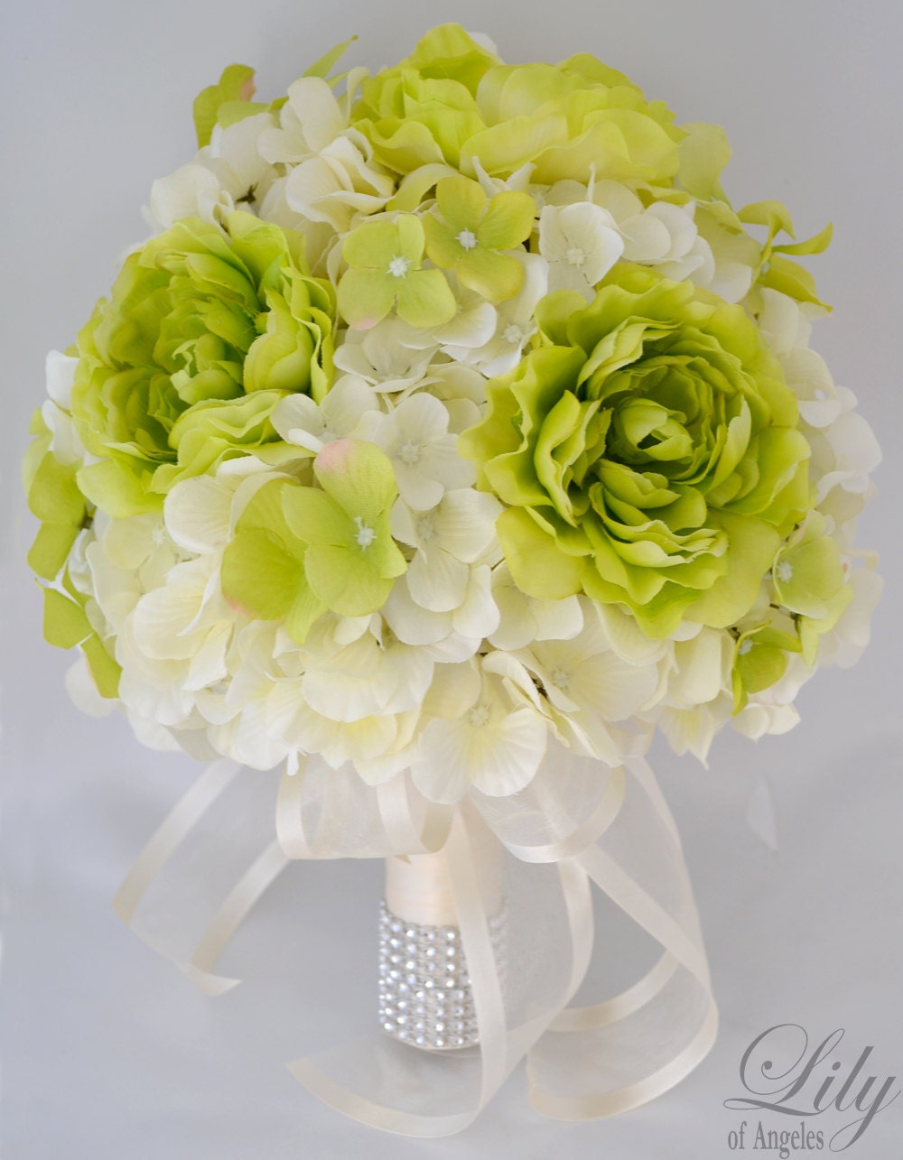 17pcs Wedding Bridal Bouquet Set Silk Flower Decoration Package GREEN IVORY "Lily of Angeles"
